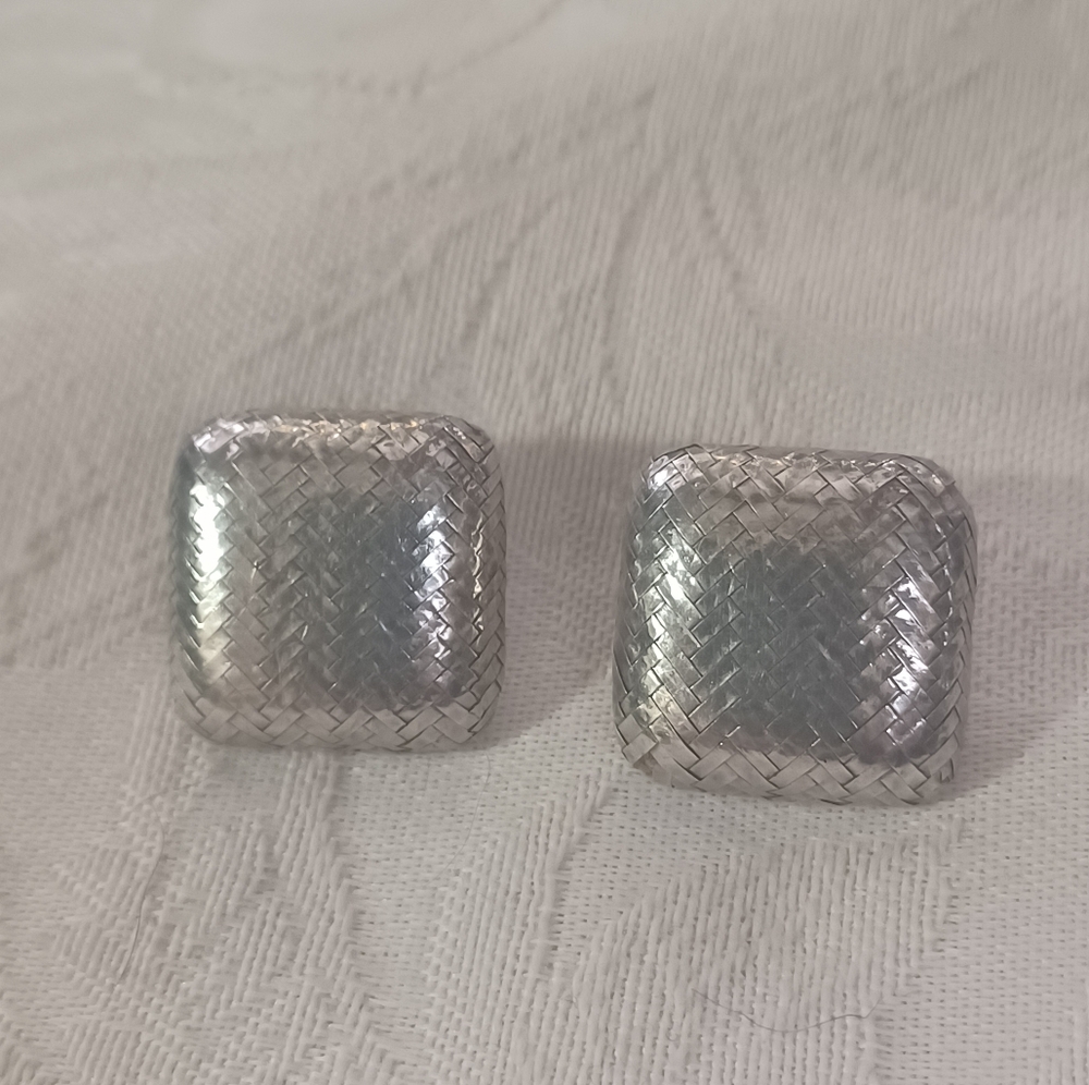 Vintage Angela Cummings Sterling Silver Basketweave Puffed Square Clip Earrings